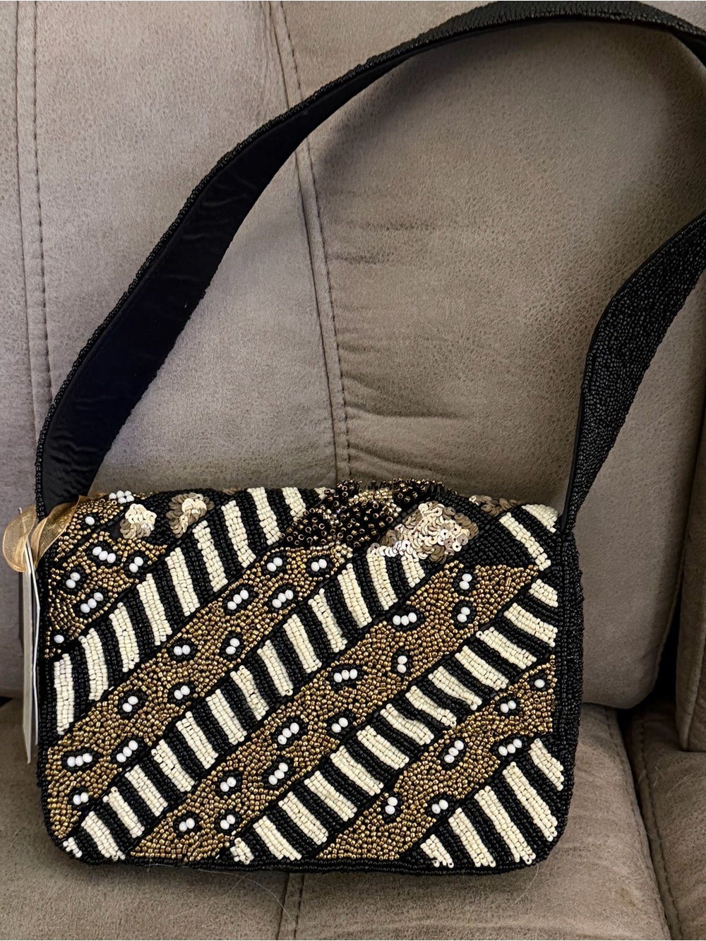 Beaded Black & Gold Shoulder Bag with Sequin Detail - Picture 2 of 3